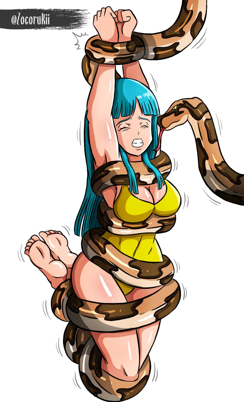 breasts coiled coiled_up coils commission commission_art commissioner_upload commissions_open dragon_ball_z maron muscular_female python snake solo solo_female squeeze squeezing squeezing_breast squeezing_breasts struggling struggling_prey swimming swimsuit swimwear zocorukii