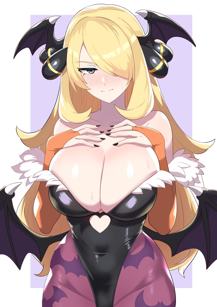 bat_wings blonde_hair breasts bridal_gauntlets capcom cleavage cosplay covered_navel creatures_(company) crossover cynthia_(pokemon) darkstalkers female game_freak gray_eyes huge_breasts large_breasts leotard long_hair morrigan_aensland morrigan_aensland_(cosplay) nintendo pantyhose pokemon pokemon_(game) pokemon_dppt skin_tight solo tagme the_pokemon_company thighs vampire_(game) wings