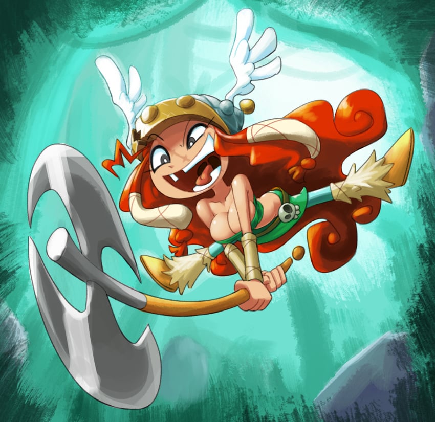 action_pose axe barbara_(rayman) bare_shoulders blue_eyes breasts cleavage clothing dynamic_pose eyelashes eyeshadow fangs female headwear helmet large_breasts long_hair makeup minus8 open_mouth orange_hair pants rayman_(series) rayman_legends red_hair skull smile solo tongue very_long_hair weapon winged_helmet