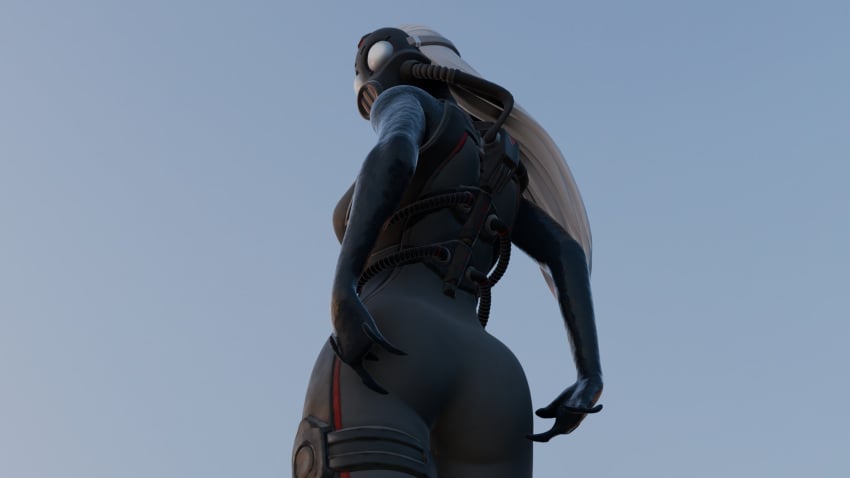 3d ass ass_focus black_goo breasts breasts_out chaos_director_(fortnite) female female_only fortnite fortnite:_battle_royale gas_mask goo_creature looking_at_viewer looking_back perete showing_ass