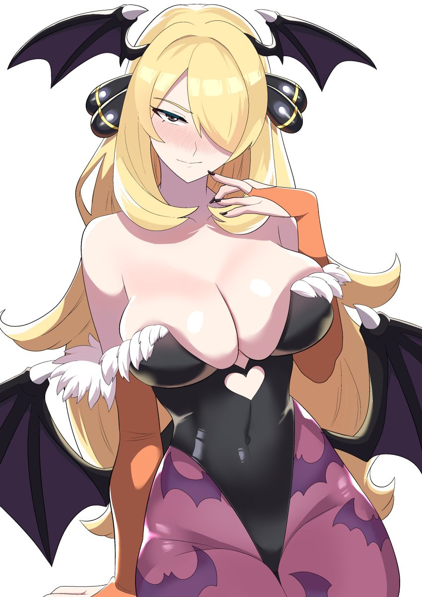 1girls bat_wings black_nails blonde_hair breasts bridal_gauntlets capcom cleavage cosplay covered_navel creatures_(company) crossover cynthia_(pokemon) darkstalkers female game_freak gray_eyes huge_breasts large_breasts leotard long_hair morrigan_aensland morrigan_aensland_(cosplay) nail_polish nintendo pantyhose pokemon pokemon_(game) pokemon_dppt skin_tight solo tagme the_pokemon_company thighs vampire_(game) wings