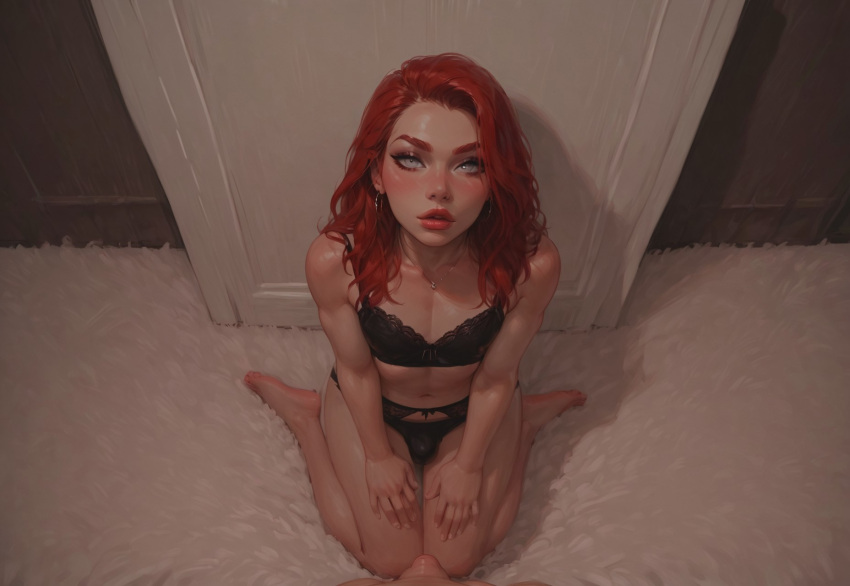 ai_generated bedroom blindparty civitai crossdressing femboy inside lingerie male_only partially_clothed_femboy penis red_hair silver_eyes solo trap