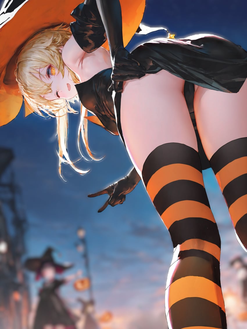 absurd_res ai_generated genshin_impact halloween halloween_costume halloween_theme lumine_(genshin_impact) ministro stockings striped_stockings witch_costume witch_hat