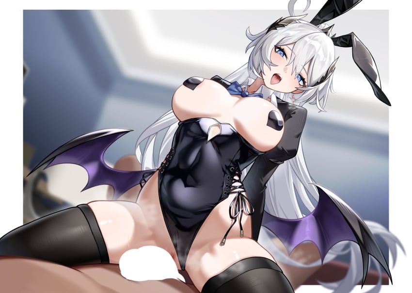 1boy 1girls absurdres black_heart_pasties black_pasties blue_eyes breasts cleavage cowgirl_position dark-skinned_male dark_skin detached_collar fake_animal_ears fake_rabbit_ears heart_pasties highres honkai_(series) honkai_impact_3rd hoyoverse huiqian kiana_kaslana kiana_kaslana_(herrscher_of_flamescion) light-skinned_female light_skin mihoyo open_mouth pasties ponytail sitting sitting_on_person spread_legs straight strapless thighhighs white_hair