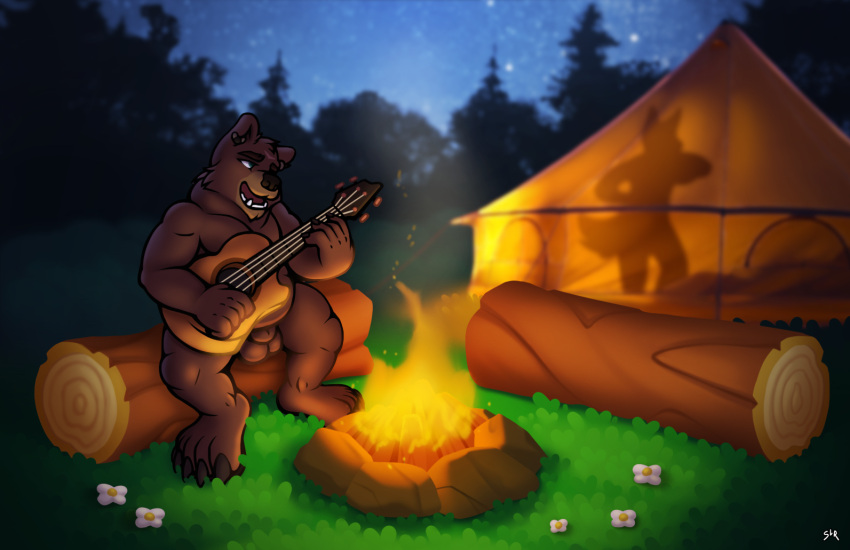 animal_genitalia anthro balls bear belly bjorn_twopaw camp campfire camping claws forest forest_background genitals grass guitar guitarist log male male/male mammal musical_instrument nature nature_background nude overweight overweight_anthro overweight_male plant playing_guitar playing_music plucked_string_instrument relaxing saylir sheath silhouette silhouetted_body singing sky slightly_chubby slightly_chubby_anthro slightly_chubby_male smoke solo star string_instrument tent toe_claws tree ursine wood