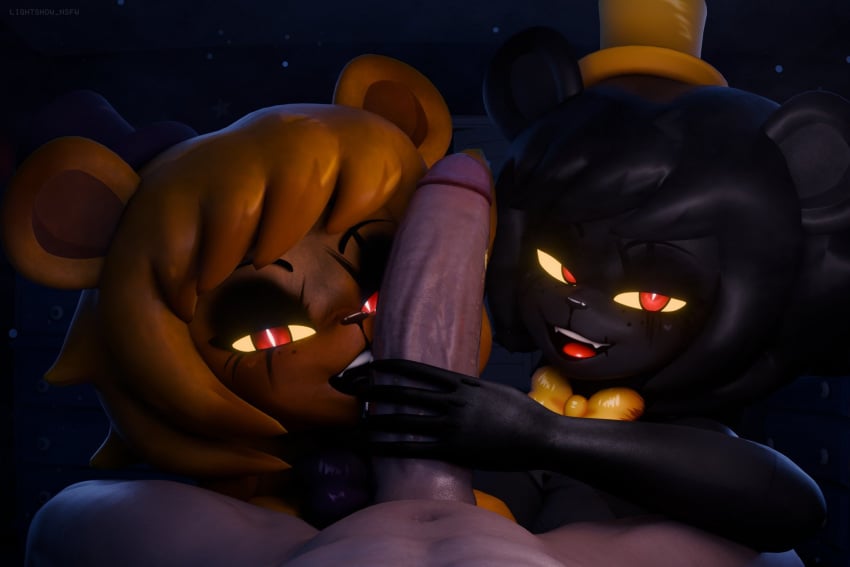 1boy 1boy2girls 2girls 3d cryptiacurves five_nights_at_freddy's fnia fredbear_(fnaf) fredina's_nightclub holding_penis licking licking_penis lightshow nightmare_(fnaf) nightmare_fredbear_(fnaf) straight tagme