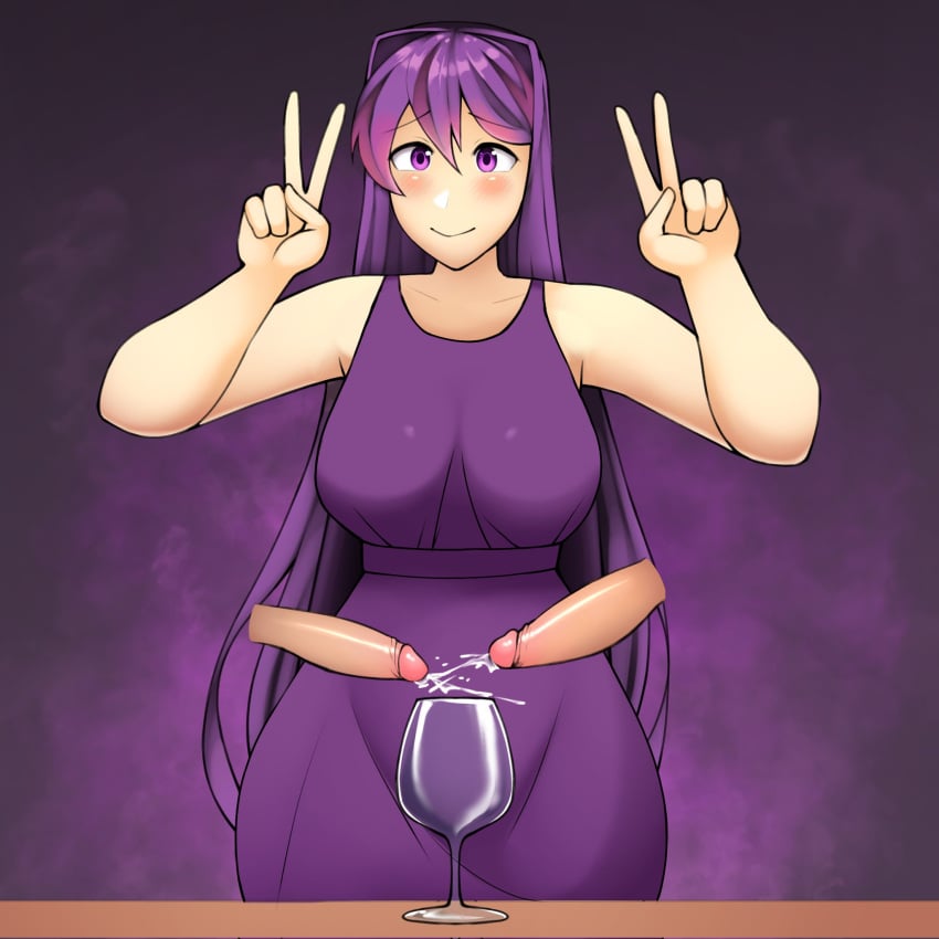 1girls cum_in_glass doki_doki_literature_club dress peace_sign triplestabber wine_glass yuri_(doki_doki_literature_club)