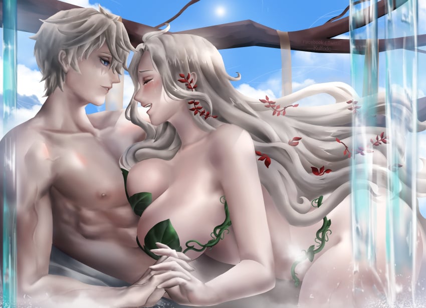 1female 1male 2d adam_(shuumatsu_no_valkyrie) big_breasts breasts eve_(shuumatsu_no_valkyrie) female half_naked implied_sex kulfodo leaf_clothing male naked open_mouth outdoor_sex plant_clothing record_of_ragnarok shirtless shuumatsu_no_valkyrie water white_hair