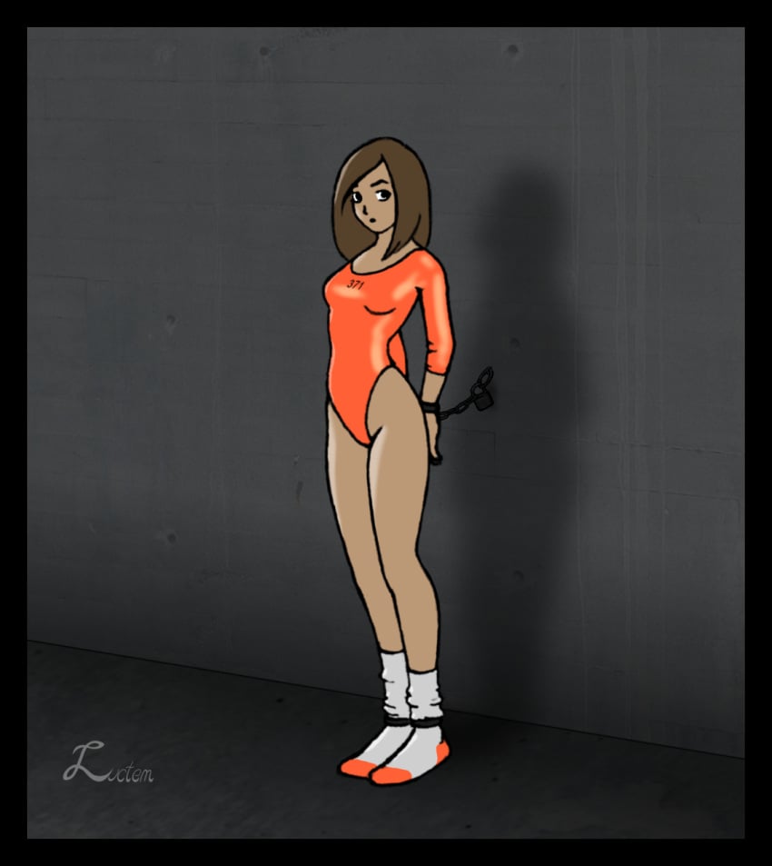 bondage bound brown_hair chains female female_only femsub fully_clothed luctem number number_on_clothing png prison_clothes prison_uniform prisoner tight_clothing