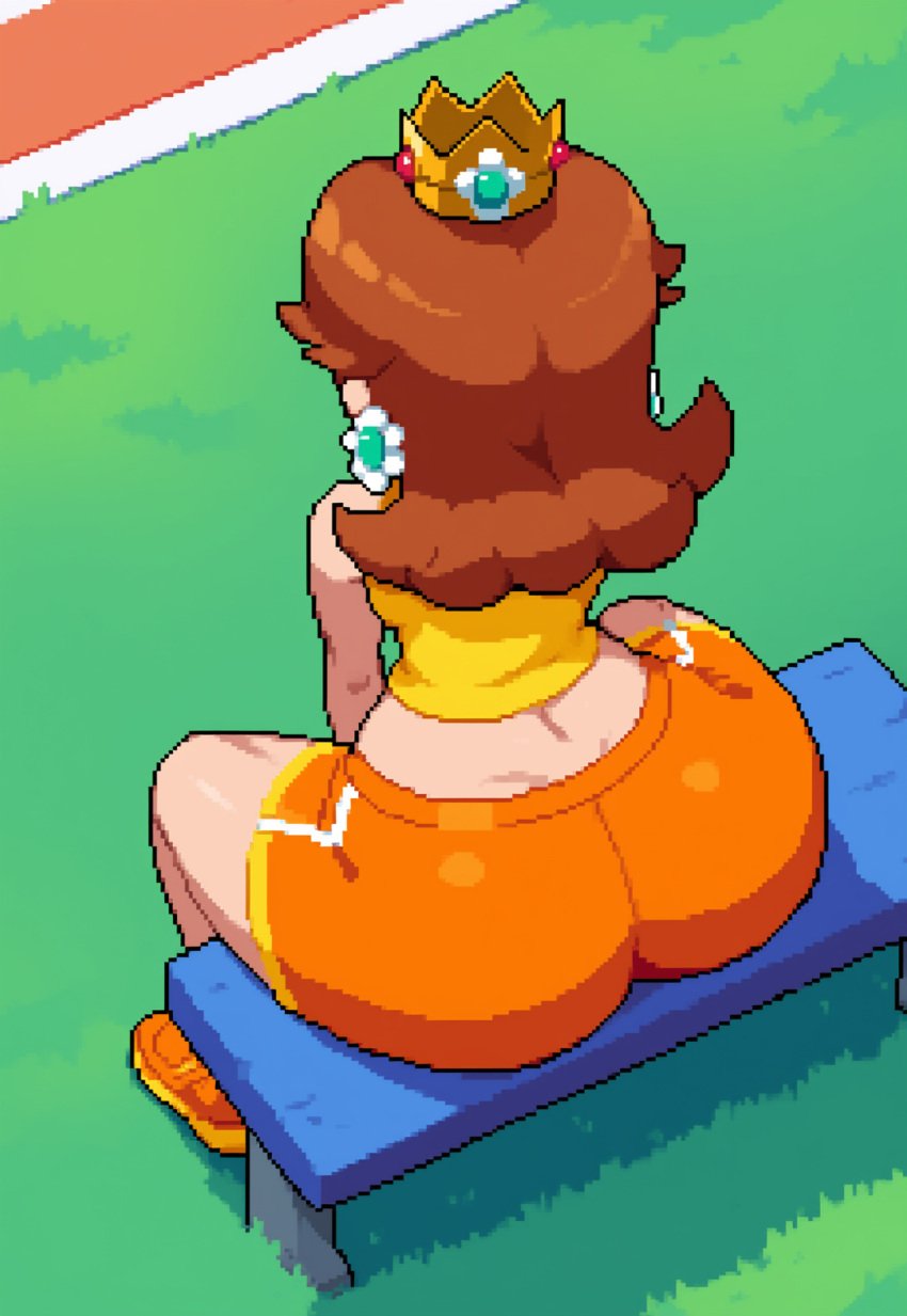 ai_generated booty_shorts brown_hair crown earrings exercise exercise_clothing gigantic_ass huge_ass lubbasdump massive_ass pixel_art princess_daisy royalty sitting super_mario_bros. tank_top track_and_field widescreen