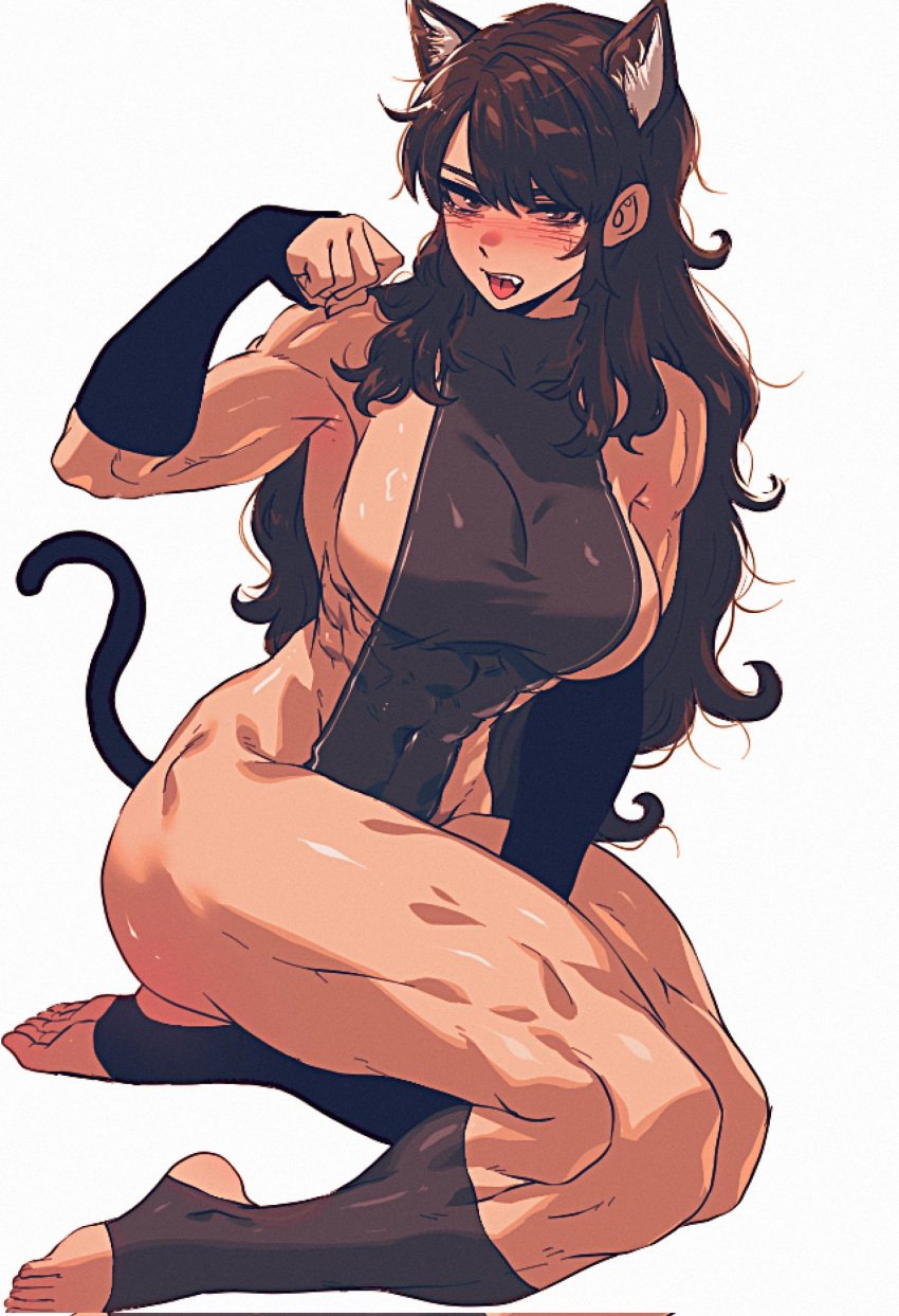 1girls abs animal_ears blush breasts brown_eyes brown_hair cat_ears cat_tail hi_res large_breasts long_hair looking_at_viewer muscular muscular_female obliques open_mouth original simple_background sitting solo spoiledmuffin tail thick_thighs white_background