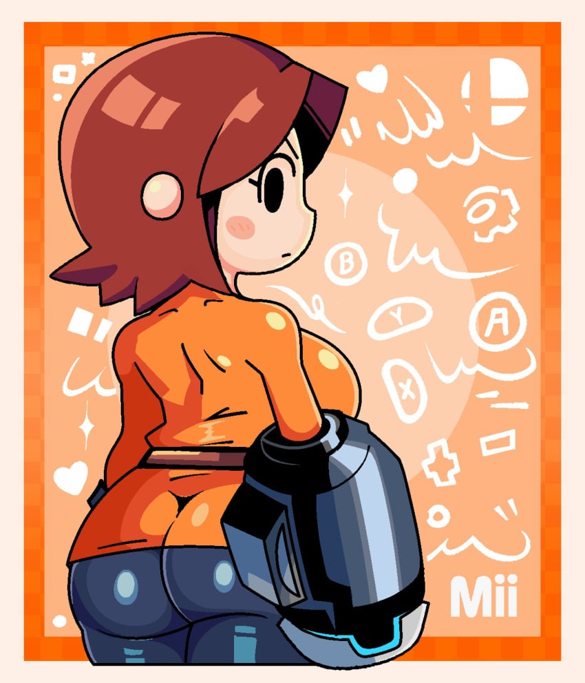 arm_cannon ass ass_focus black_eyes black_pants blush blush_stickers bodysuit breasts brown_hair closed_mouth clothing dress female female_only from_behind gallycid heart highres huge_ass large_ass large_breasts looking_at_viewer looking_back medium_hair mii_gunner mii_gunner_(smash_4) nintendo orange_background orange_dress pants short_hair smash_ball solo standing super_smash_bros. thick_thighs thighs weapon