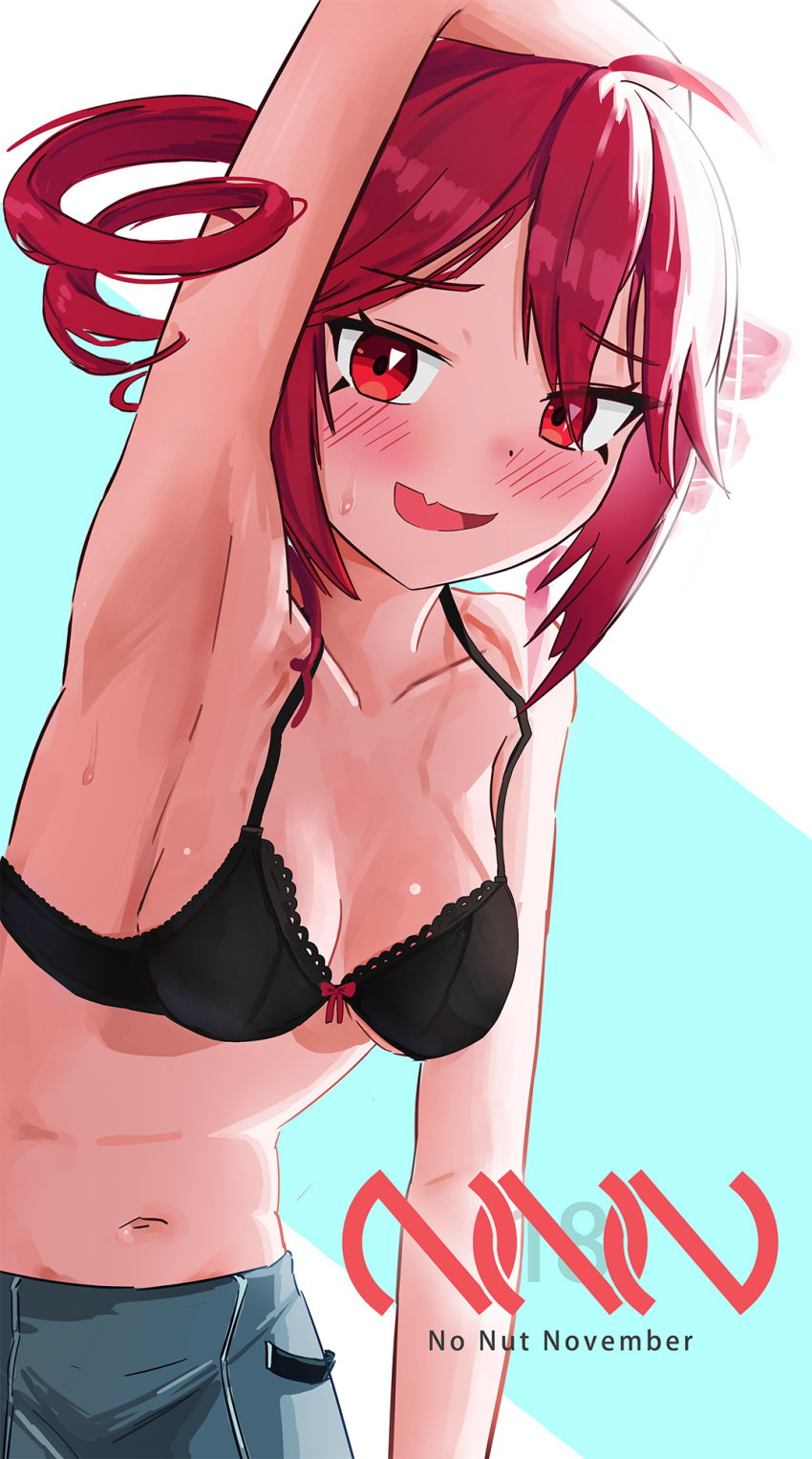 1female 1girls armpits artist_request black_bra blush bra breasts drill_hair female kasane_teto navel no_nut_november open_mouth red_cheeks red_eyes red_hair stomach sweat sweatdrop sweating sweaty twin_drills utau