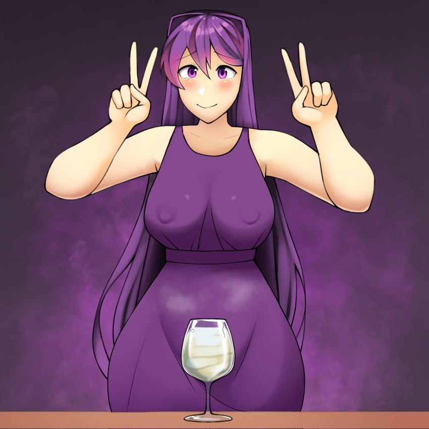 1girls consume_the_cum_chalice doki_doki_literature_club dress peace_sign steam triplestabber wine_glass yuri_(doki_doki_literature_club)