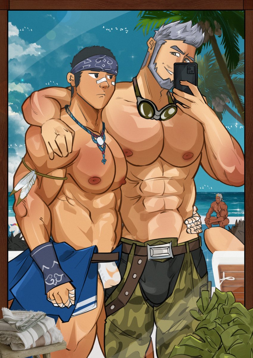 abs balls bandages bandana bara beach beard bidziil_(gyee) black_hair bulge bulge_through_clothing gay gay_male googles gyee hanamuransfw kamui_(gyee) large_pectorals male/male male_focus male_nipples male_only muscular_arms muscular_male muscular_thighs nipples outdoors pubic_hair silver_hair size_difference swordsman_(gyee) voyeur yaoi