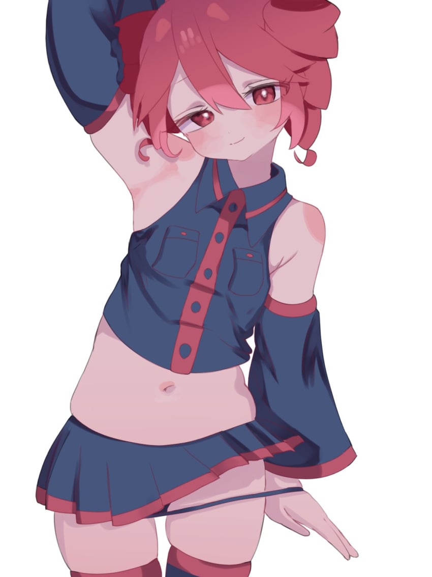 1girls armpits blush breasts female female_focus female_only kasane_teto panties pulling_panties raising_arm red_eyes red_hair smile solo solo_female solo_focus twin_drills ur_(ur_o_) utau