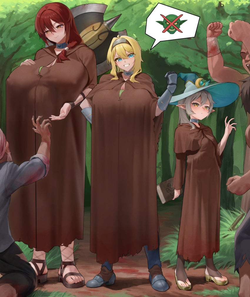 3boys 3girls adventurer artist_request blonde_hair blush elf fantasy goblin hidden_sex netorare ntr red_hair stealth_sex tagme_(artist) unartist white_hair