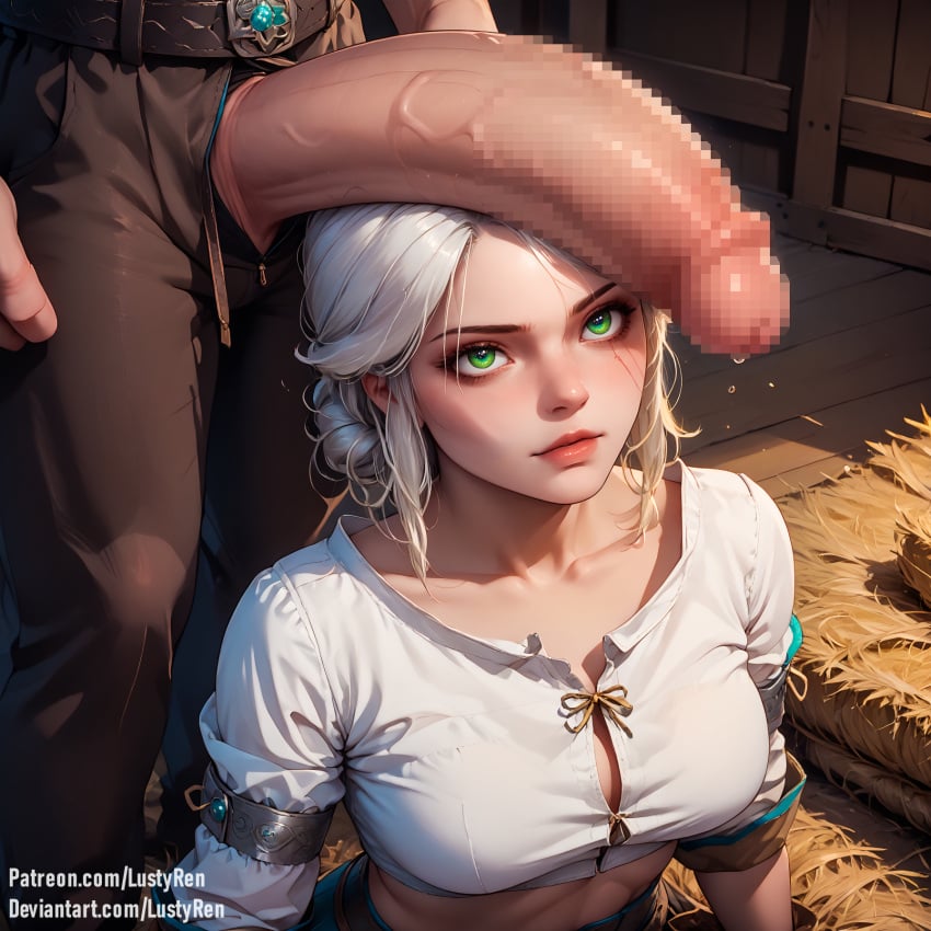 ai_generated before_oral big_penis censored ciri clothing female green_eyes imminent_oral light-skinned_female light-skinned_male lustyren male penis penis_on_head scar the_witcher_(series) the_witcher_3:_wild_hunt white_hair