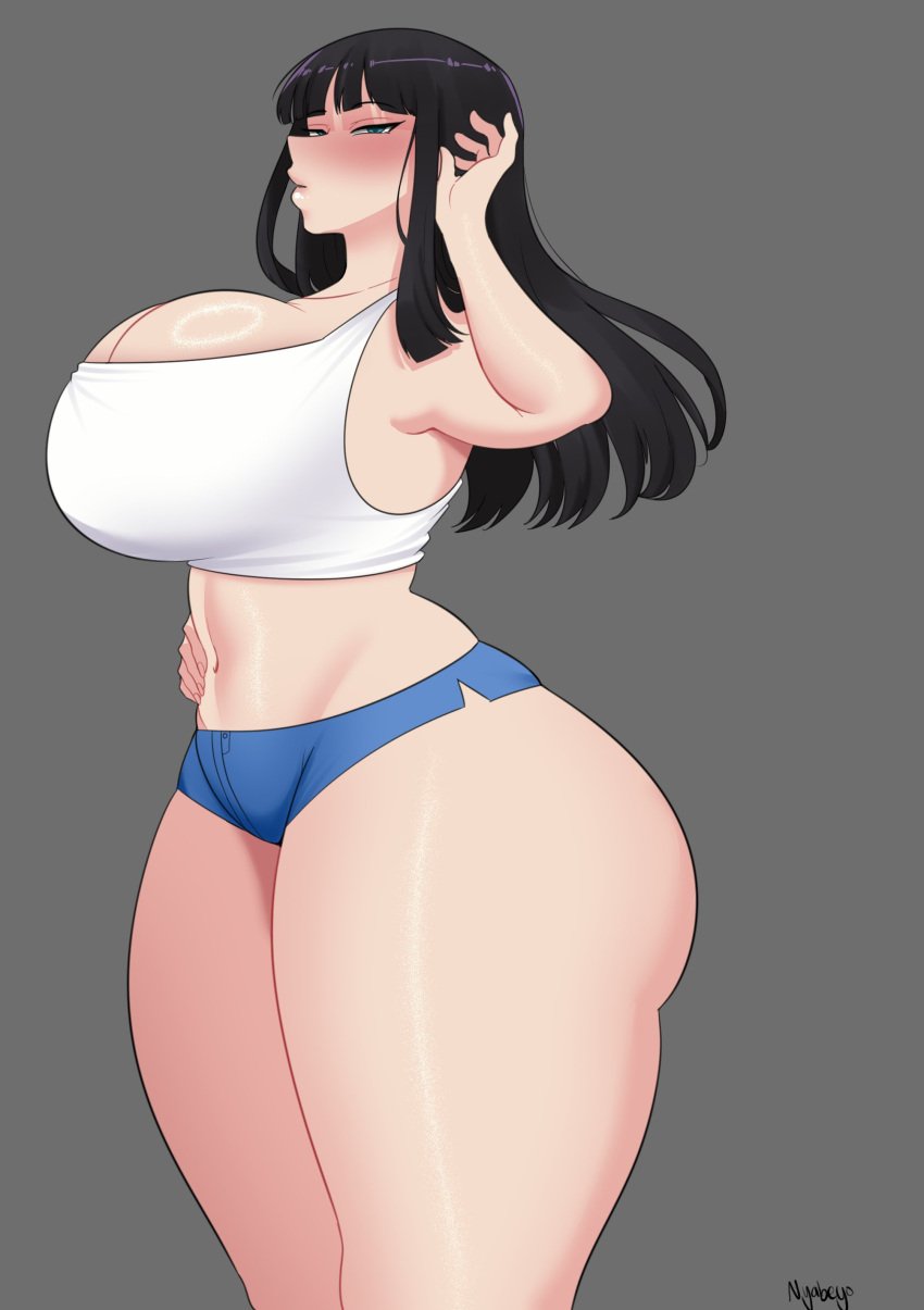 black_hair blue_eyes blushing clothed huge_breasts huge_thighs looking_at_viewer nico_robin nyabeyo tagme