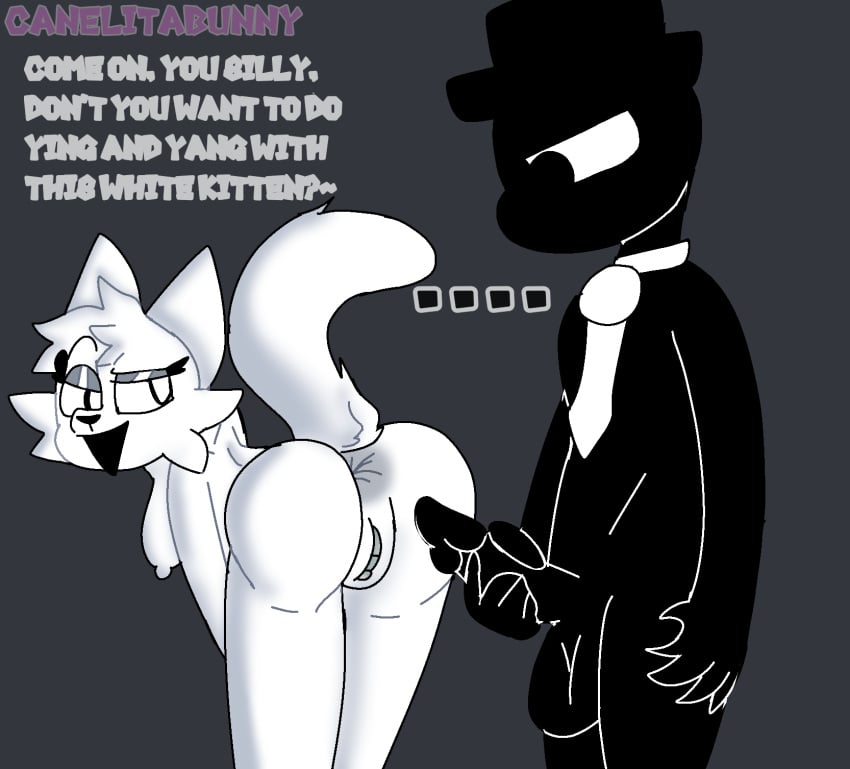 1boy 1girl 1girls anthro ass bad_anatomy black_(sprunki) black_body blush canelitabunny dialogue domestic_cat felid feline felis female furry furry_only hi_res incredibox incredibox_mod invalid_tag male male/female mammal sprunki wenda_(sprunki) white_(sprunki) white_fur