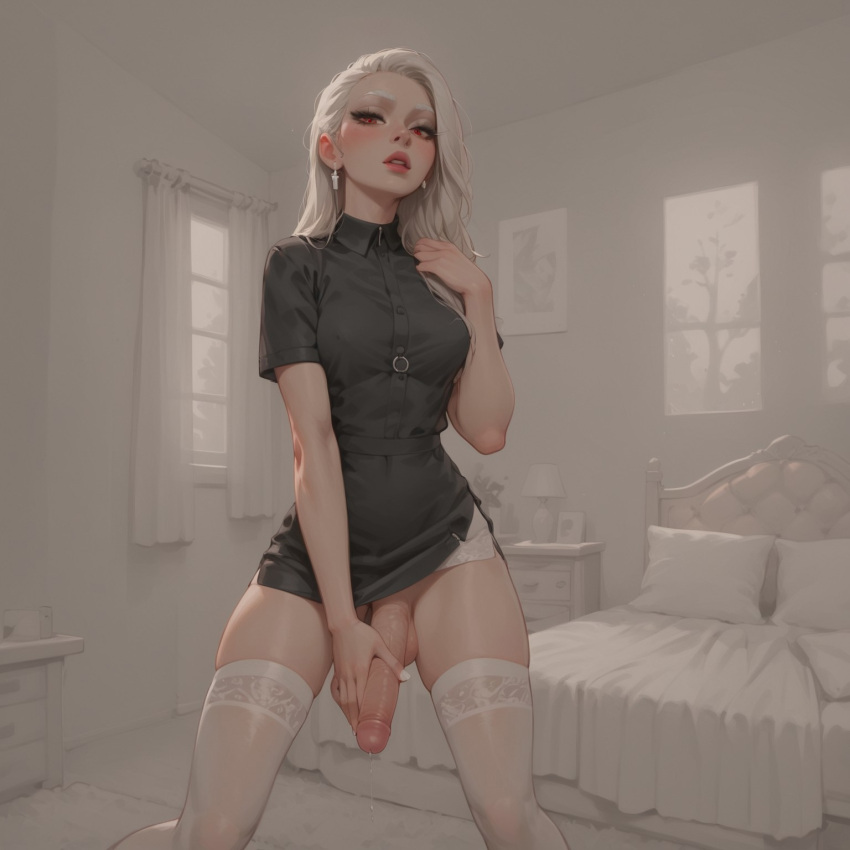 ai_generated athletic_futanari bedroom big_breasts blindparty civitai dickgirl futanari inside lingerie masturbation nurse penis red_eyes solo white_background white_hair