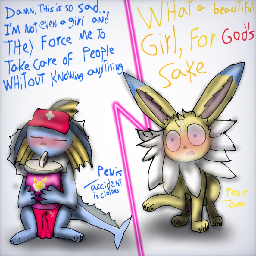 accident animal_genitalia animal_penis bodily_fluids clothing cum duo eeveelution generation_1_pokemon genital_fluids genitals hi_res jolteon male male/male nintendo oliver_lycanroc penis pokemon pokemon_(species) vaporeon