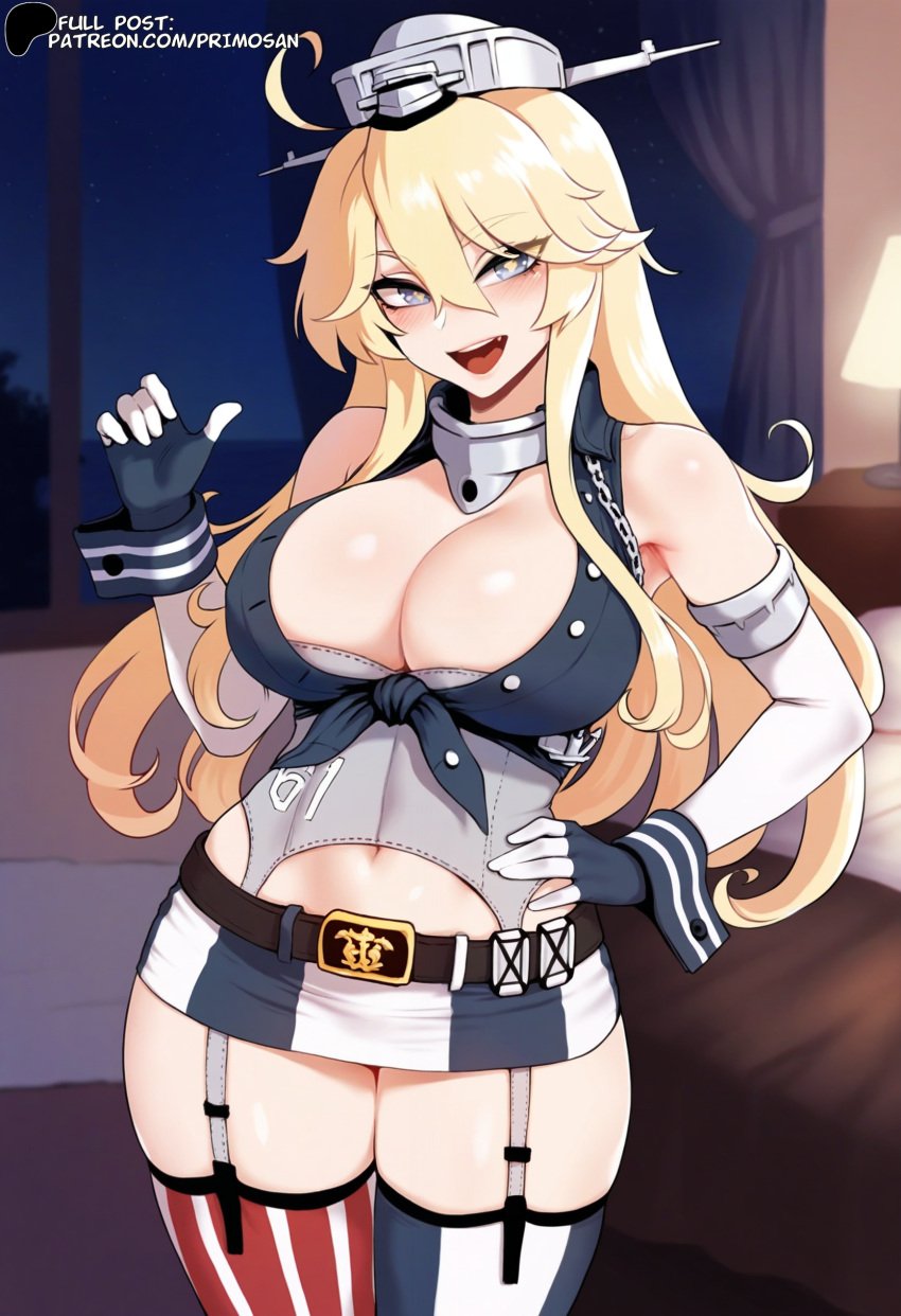 ai_generated blonde_hair blue_eyes detached_sleeves garter_straps gloves hair_between_eyes hi_res highres iowa_(kantai_collection) kantai_collection large_breasts long_hair looking_at_viewer miniskirt navel open_mouth primosan smile standing stockings thighhighs