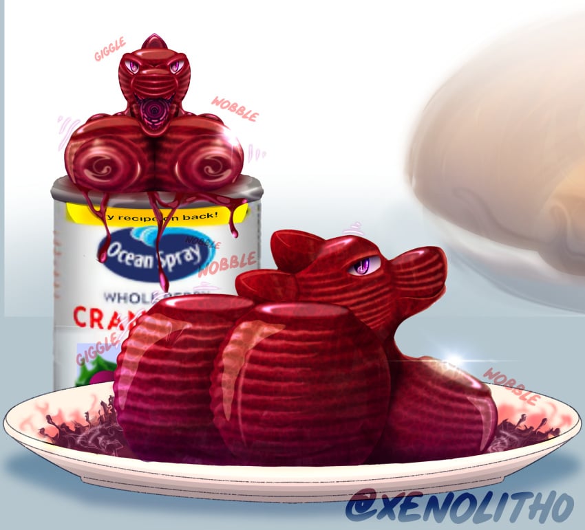 alligator alligatorid anthro ass big_breasts big_butt bodily_fluids breasts cranberry_(food) cranberry_sauce crocodilian digital_media_(artwork) duo female food food_creature furniture hi_res holidays humanoid looking_at_another looking_at_viewer narrowed_eyes nipples nude ocean_spray on_display open_mouth plate presenting reptile scalie table text thanksgiving xenolith0