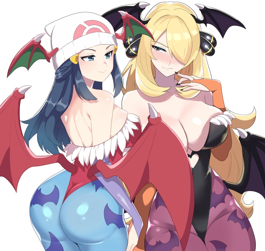 2girls bat_wings blonde_hair blue_eyes blue_hair breasts bridal_gauntlets capcom cleavage cosplay covered_navel creatures_(company) crossover cynthia_(pokemon) darkstalkers dawn_(pokemon) female game_freak gray_eyes hat huge_ass huge_breasts large_ass large_breasts leotard lilith_aensland lilith_aensland_(cosplay) long_hair morrigan_aensland morrigan_aensland_(cosplay) nintendo pantyhose pokemon pokemon_(game) pokemon_dppt skin_tight solo tagme the_pokemon_company thighs vampire_(game) wings