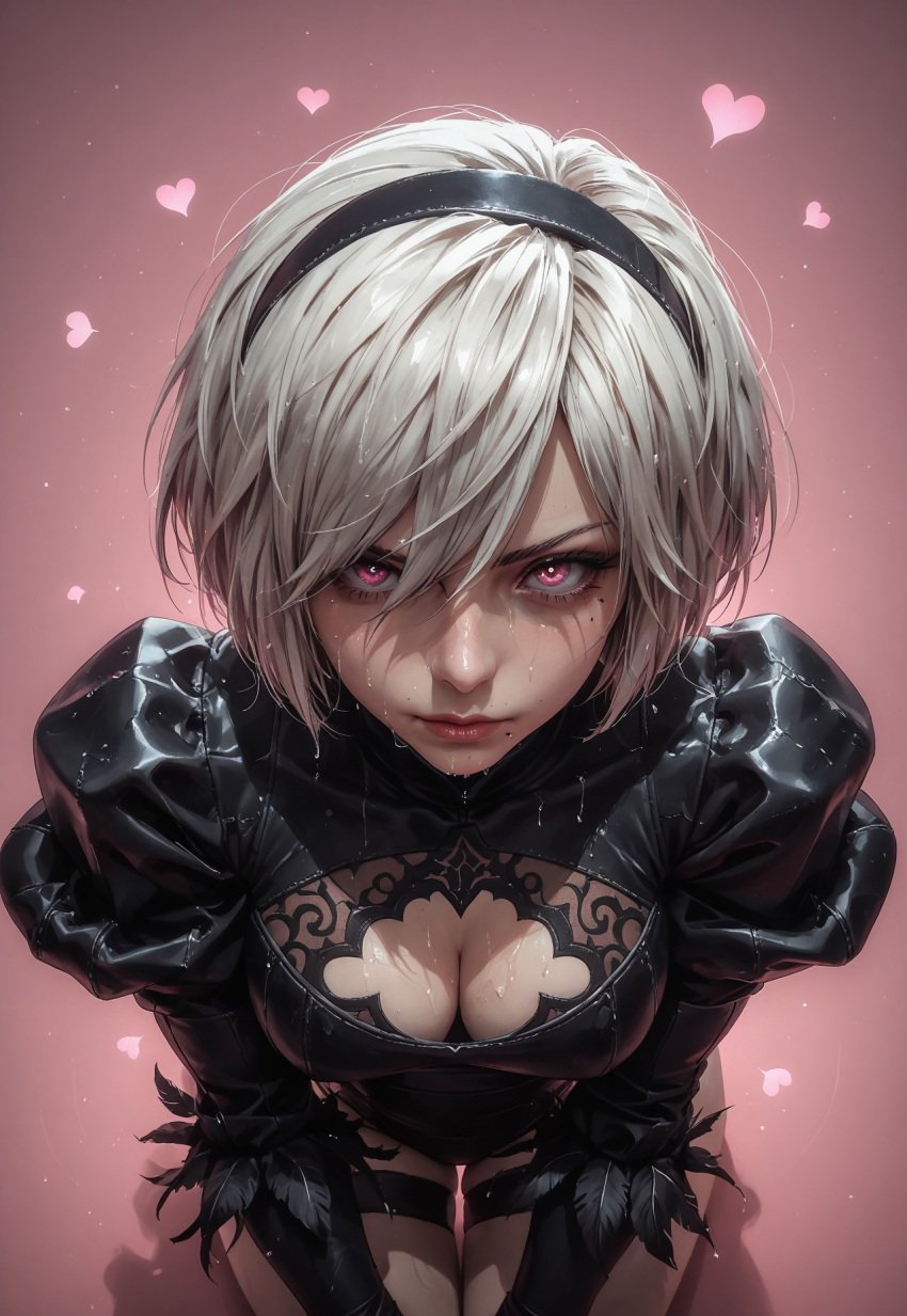 1girls abstract_background ai_generated arborgold black_clothing bob_cut bodysuit breast_window feathers giver_pov hairband hands_on_thighs heart_symbol kneeling lace_trim large_breasts looking_at_viewer love_hearts medium_hair nier:_automata on_knees pale-skinned_female pale_skin pink_background pink_eyes puffy_sleeves solo solo_female submissive submissive_female thick_thighs thigh_strap wet wet_clothes wet_face wet_skin white_hair yorha_2b