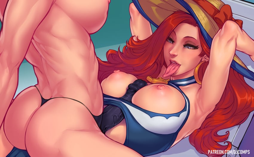 2girls areolae big_breasts breasts female female_only fizzz large_breasts league_of_legends miss_fortune multiple_girls nipples open_mouth paizuri pool_party_miss_fortune pool_party_series strap-on tongue tongue_out yuri