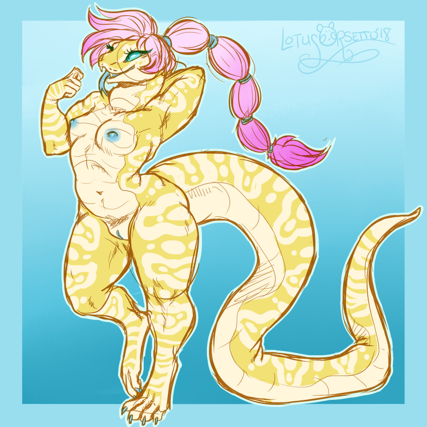 anthro breasts cute digital_media_(artwork) female hair hi_res lotusaur nipples nude pink_hair python reptile scalie slightly_chubby small_breasts smile snake solo thick_thighs