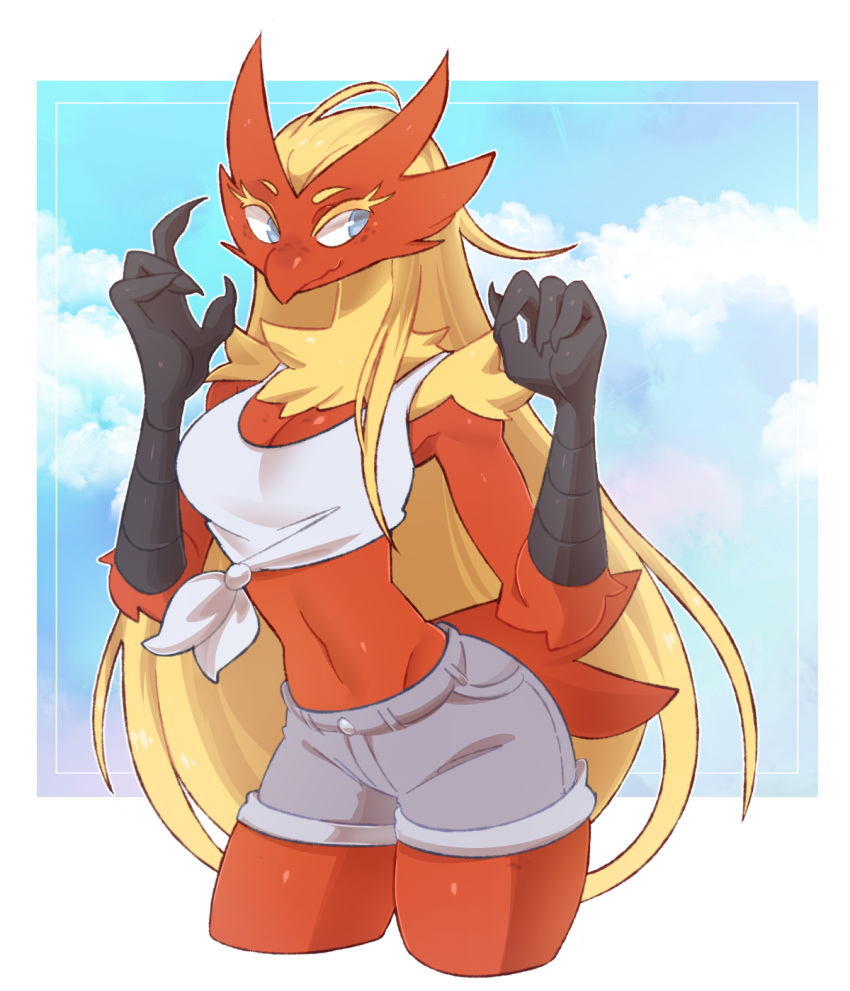 1girls 2018 4_fingers abs anthro ass avian background beak belly blaziken blonde_hair blue_background blue_eyes blush breasts claws cleavage clothed clouds color curvy female female_only furry hips long_hair looking_away looking_back midriff navel nintendo no_humans original_character outdoors pokemon pokemon_(species) pokemon_rse shirt shorts sky smile solo standing tank_top thin_waist tumblr vontecristo white_border wide_hips