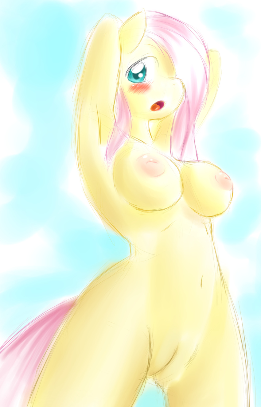 anthro anthrofied blush breasts cybermananon equine female fluttershy_(mlp) friendship_is_magic fur hair horse inverted_nipples long_hair looking_at_viewer mammal my_little_pony navel nipples nude open_mouth outside pink_hair pony pussy solo straight_hair teal_eyes yellow_fur