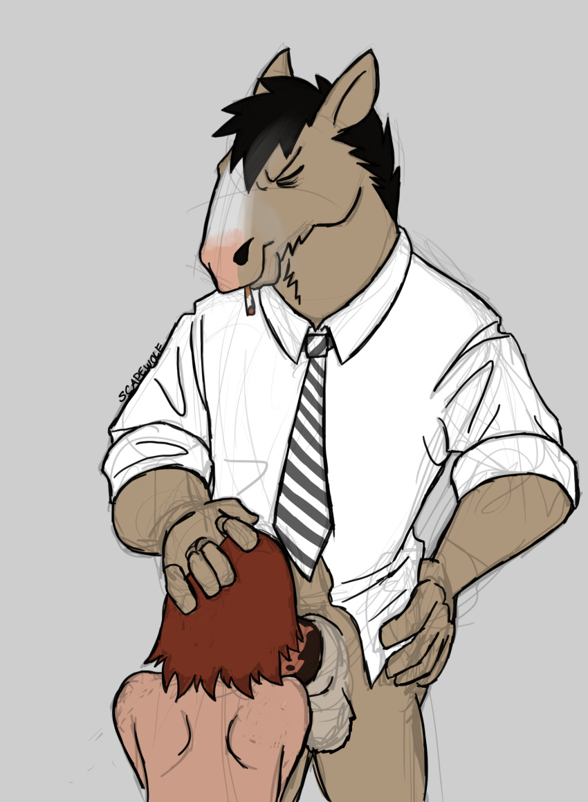 balls bojack_horseman butterscotch_horseman cigarette closed_eyes equine fellatio female furry half-dressed hand_on_head hand_on_hip henrietta horse human male mammal oral penis scapewolf:scapewolf sex straight