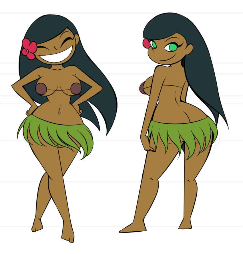 ass ass_cleavage barefoot big_ass big_butt black_hair black_hair_female bra breasts breasts_apart butt_crack calumba cartoon_network closed_eyes coconut_bra dark-skinned_female dark_skin dexter's_laboratory eyelashes feet female female_only flower flower_in_hair grass_skirt green_eyes green_eyes_female hair_flower hand_on_hips hawaiian highres hourglass_figure hula human large_breasts leaf_skirt long_black_hair long_hair long_hair_female looking_at_viewer looking_back looking_over_shoulder model_sheet navel no_panties pepipopo sideboob skimpy smile smile_at_viewer smiling solo toes tropical very_long_hair waist_length_hair white_background wide_hips