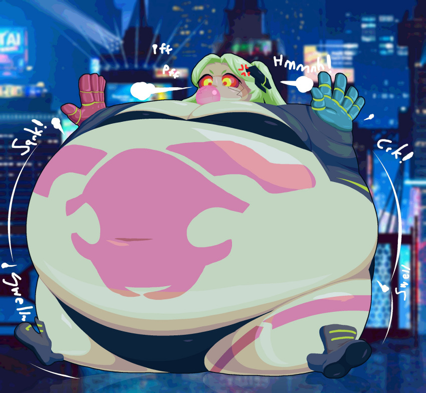 angry bubble_gum clothes_stretching cybernetics cyberpunk:_edgerunners cyberpunk_2077 exposed_belly fat green_hair gum immobile inflation onomatopoeia prosthetic rebecca_(edgerunners) red_eyes spherical_inflation sunken_limbs tagme tattoos yarbage_