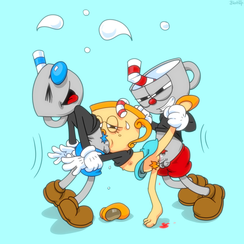 1girls 2018 2boys animate_inanimate bishopbb blood breasts closed_eyes clothing cuphead cuphead:_the_delicious_last_course cuphead_(game) double_penetration female flat_chested forced gloves group hi_res humanoid male ms._chalice mugman nipples object_head open_mouth oral penetration pubes pussy raised_leg raised_shirt rape simple_background straight vaginal_penetration video_games virgin virginal_blood