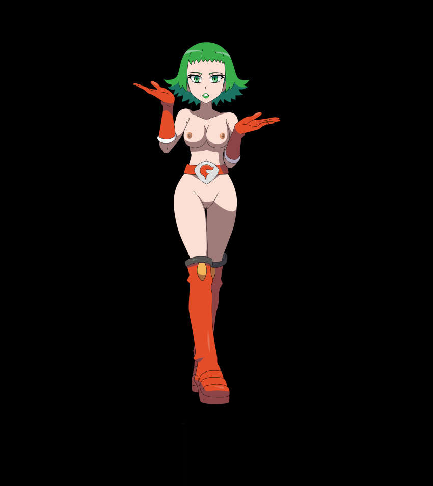 1girls bara_(pokemon) belly belt black_background boots breasts bryony_(pokemon) eyelashes female female_only gloves green_eyes green_hair green_lipstick human human_only lipstick naked_boots naked_footwear naked_gloves navel nintendo nude pokemon pokemon_xy short_green_hair short_hair team_flare thin_waist