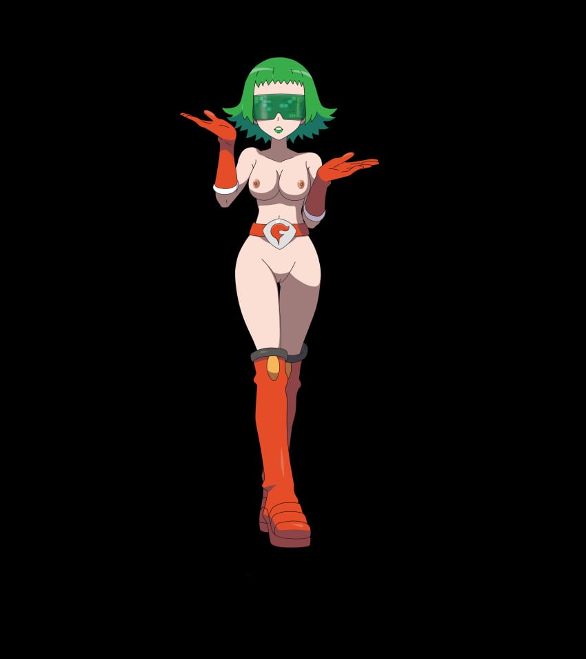 1girls bara_(pokemon) belly belt black_background boots breasts bryony_(pokemon) female female_only gloves green-tinted_eyewear green_hair green_lipstick human human_only lipstick looking_at_viewer naked_boots naked_footwear naked_gloves navel nintendo nude pokemon pokemon_xy pussy short_green_hair short_hair team_flare thin_waist tinted_eyewear visor visor_(eyewear) visor_glasses