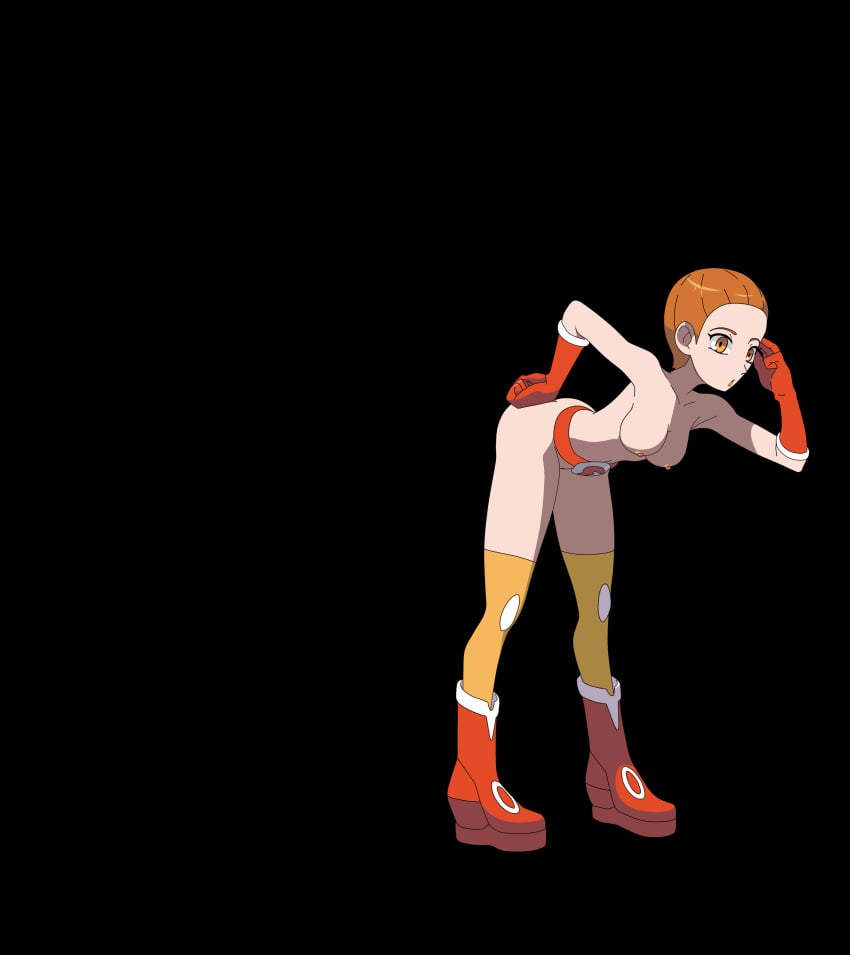 1girls akebi_(pokemon) aliana_(pokemon) ass belly belt bent_over black_background boots breasts erect_nipples female female_only gloves hand_on_ass human human_only looking_at_viewer naked_boots naked_footwear naked_gloves navel nintendo nude orange_eyes orange_hair orange_lipstick pokemon pokemon_xy short_hair standing team_flare thin_waist