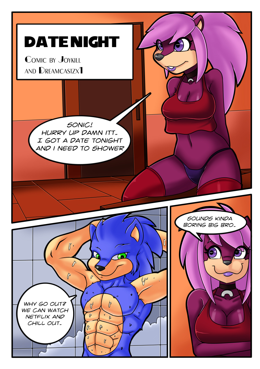 abs absurd_res anthro biceps blue_fur breasts brother cleavage clothed clothing comic date_night dialogue english_text female front_cover fur green_eyes hedgehog hi_res joykill legwear male mammal midriff muscular muscular_male navel nude pecs purple_eyes shower sister sonia_the_hedgehog sonic_(series) sonic_the_hedgehog sonic_underground superbunnygt text thigh_highs wet