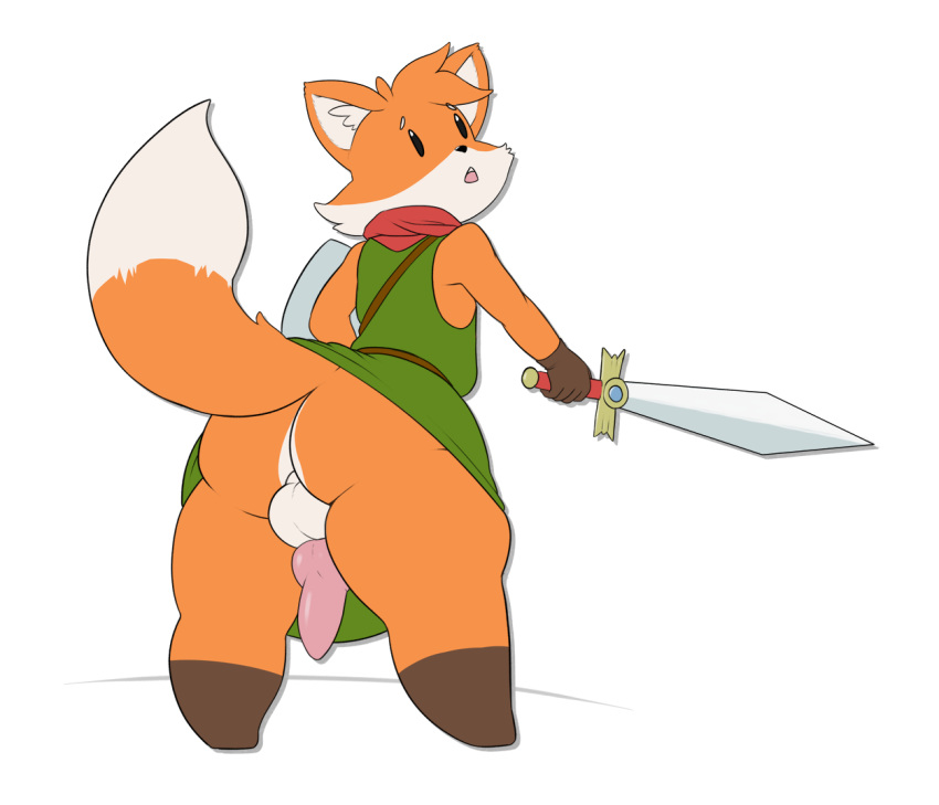 animal_genitalia animal_penis anthro ass balls big_butt canine canine_penis clothing fox knot male mammal melee_weapon open_mouth penis pink_penis ruin_seeker simple_background solo sword thick_thighs tunic_(video_game) twistedlilheart video_games weapon wide_hips