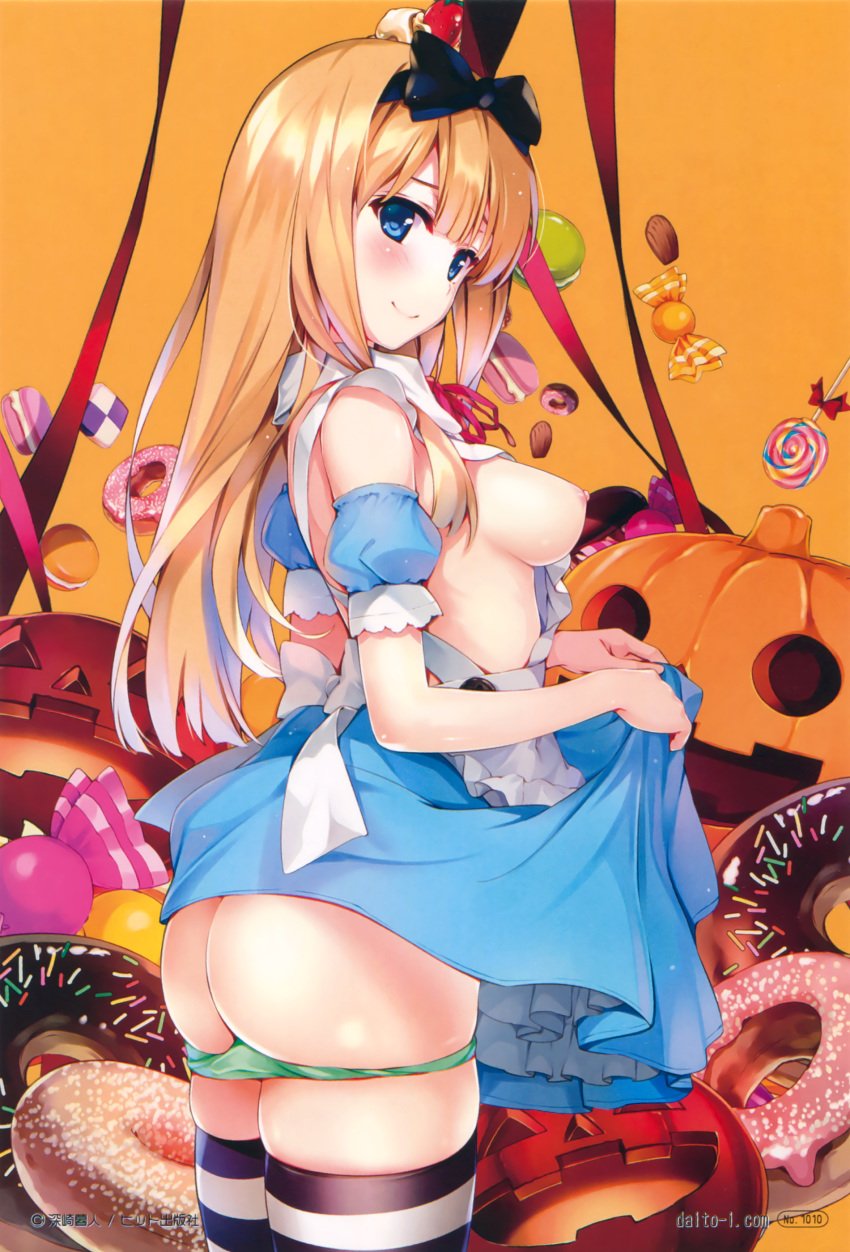 absurdres alice_in_wonderland alice_liddell_(cosplay) apron ass bare_shoulders blonde_hair blue_eyes blue_skirt bow breasts candy detached_collar doughnut female food frills from_side green_panties hairbow highres jack-o'-lantern large_breasts lollipop long_hair looking_at_viewer macaron misaki_kurehito nipples panties panty_pull pumpkin skirt skirt_lift smile solo striped striped_legwear swirl_lollipop thighs third-party_edit underwear