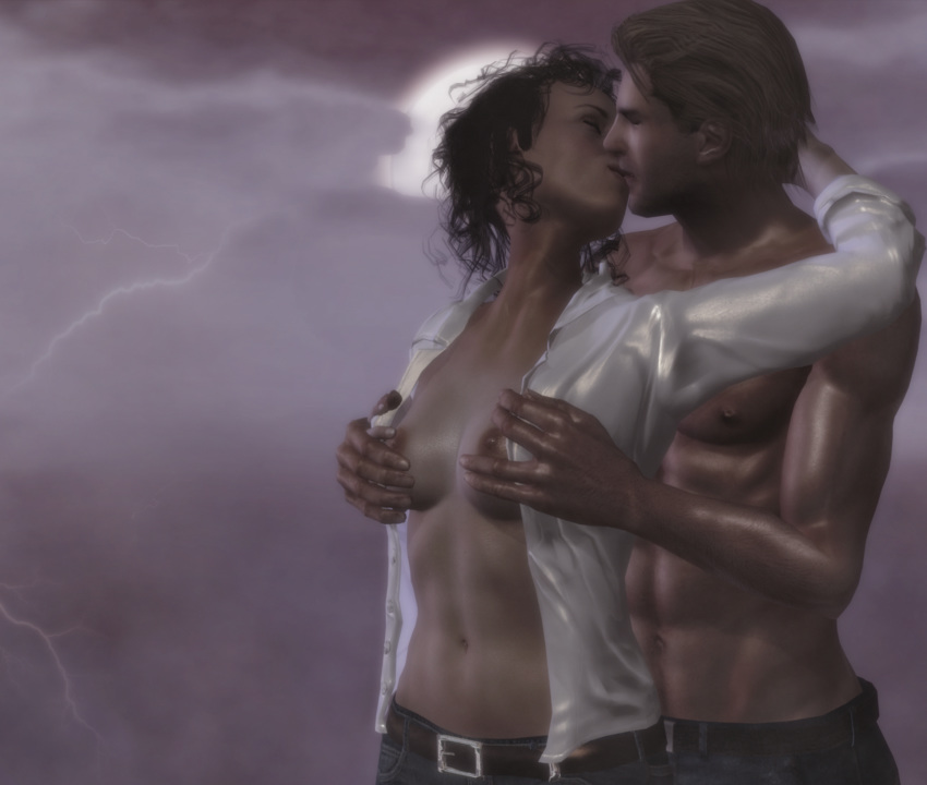 3d alien_(franchise) alien_(movie) breasts closed_eyes ellen_ripley jc-starstorm kissing moon night open_shirt