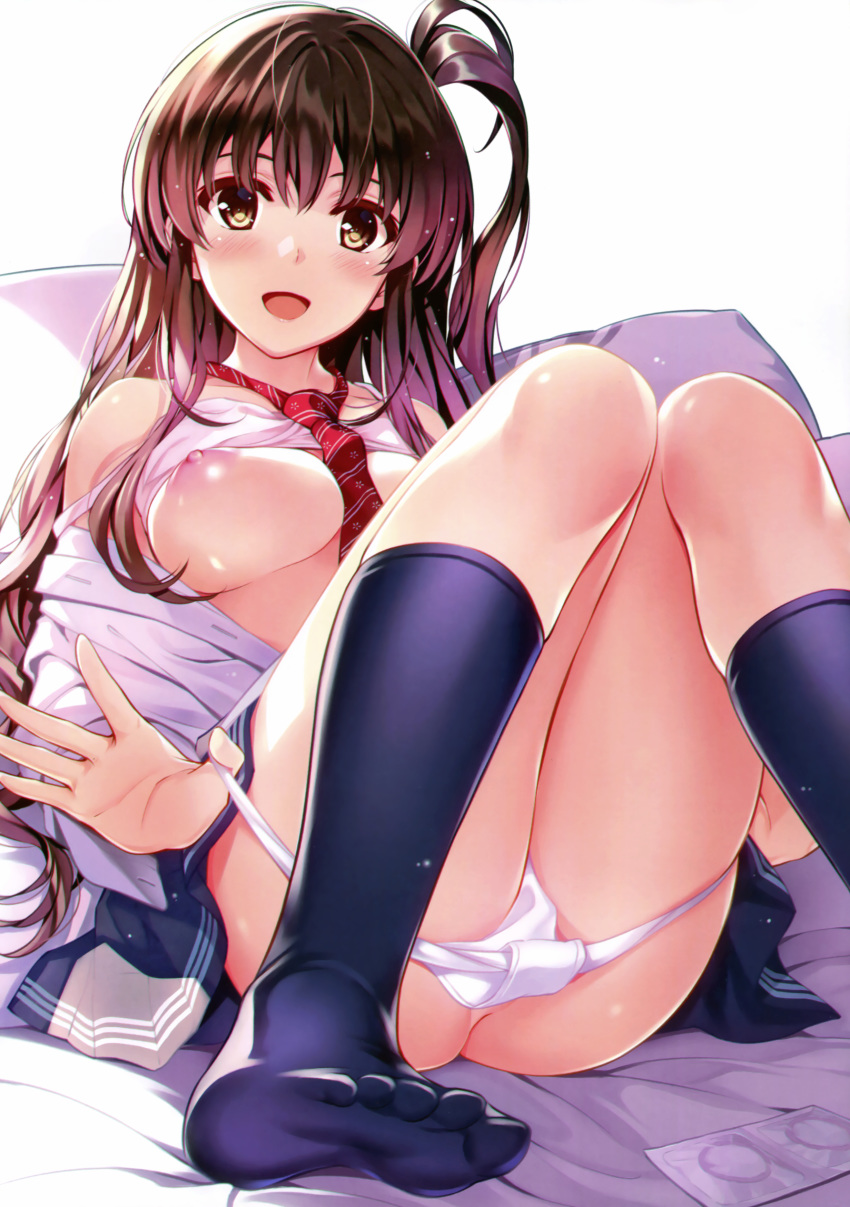 :d absurdres ass between_breasts black_skirt blush bra bra_lift breasts brown_eyes brown_hair collarbone comic_aun condom_wrapper feet female highres kneehighs knees_together_feet_apart large_breasts leaning_back long_hair long_sleeves looking_at_viewer md5_mismatch misaki_kurehito navy_blue_legwear necktie necktie_between_breasts nipples no_shoes one_side_up open_clothes open_mouth open_shirt palms panties panty_pull pink_bra rating red_neckwear scan shiny shiny_skin shirt sitting skirt smile solo strap_slip thighs toes unbuttoned unbuttoned_shirt underwear undressing white_panties white_shirt