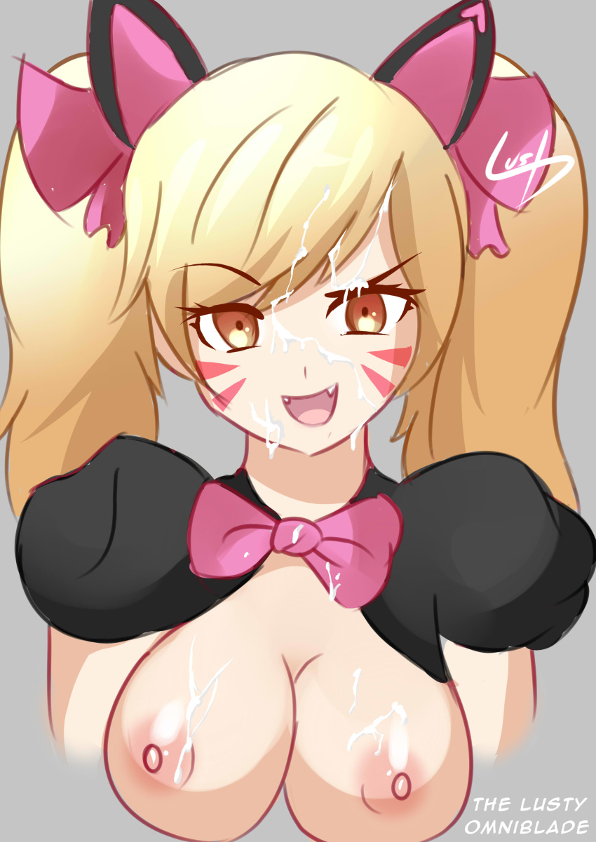 1girls alternate_costume black_cat_d.va blizzard_entertainment blonde_hair breasts brown_eyes cat_ears cum_on_face cum_on_hair d.va face_markings facial female_only nipples overwatch ribbon smile text thelustyomni-blade twintails watermark