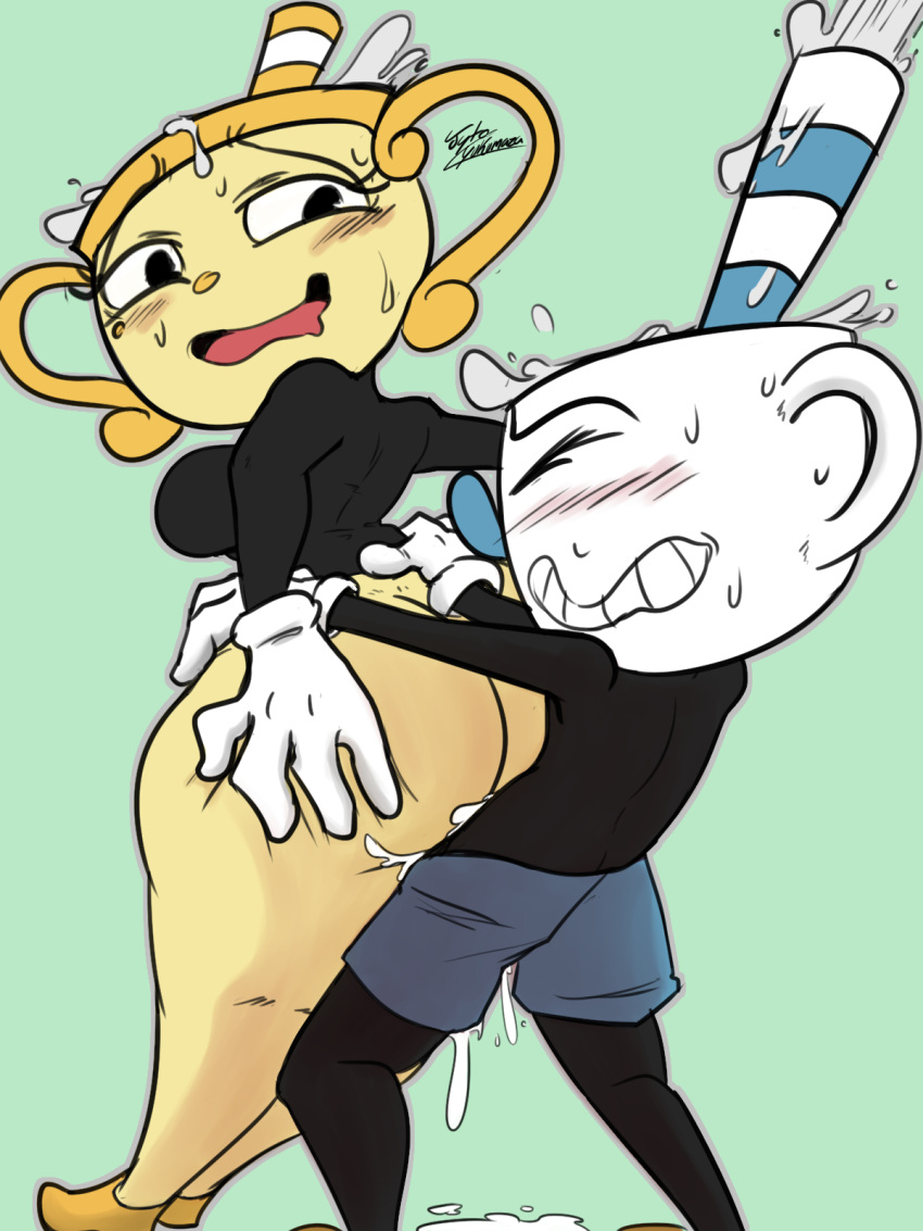 1boy 1boy1girl 1girls animate_inanimate ass blush breasts chalice clothing cum cup cuphead:_the_delicious_last_course cuphead_(game) female footwear gloves handwear hi_res humanoid jyto male ms._chalice mugman object_head open_mouth penetration sex simple_background smile straight straw video_games