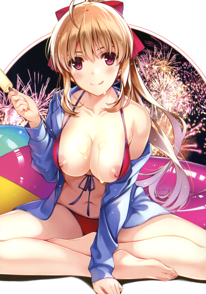 :p absurdres aerial_fireworks ahoge arm_support ball barefoot beachball bikini blush breasts collarbone comic_aun dripping female fireworks food food_on_body front-tie_top front_cover highres innertube jacket large_breasts light_brown_hair long_hair looking_at_viewer md5_mismatch misaki_kurehito mizuhara_erika navel nipple_slip nipples open_clothes open_jacket ponytail popsicle rating red_bikini red_eyes scan sidelocks sitting sitting_indian_style solo swimsuit tongue tongue_out very_long_hair