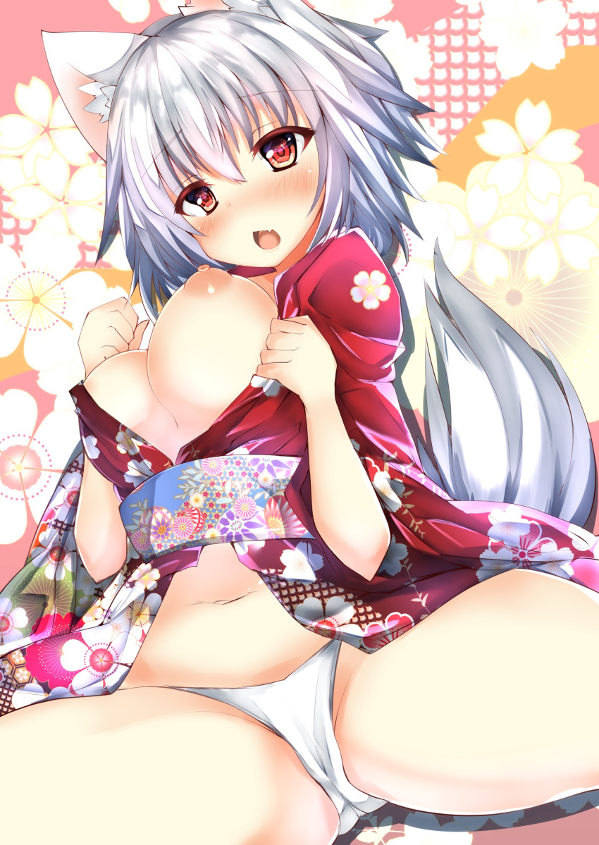 animal_ears blush breasts breasts_out chinese_zodiac commentary_request female floral_background floral_print highres japanese_clothes kimono large_breasts leaf looking_at_viewer looking_down maple_leaf momiji_inubashiri mutou_(94753939) new_year nipples oerba_yun_fang open_mouth panties puffy_nipples red_eyes short_hair silver_hair solo tail touhou underwear white_panties wolf_ears wolf_girl wolf_tail year_of_the_dog